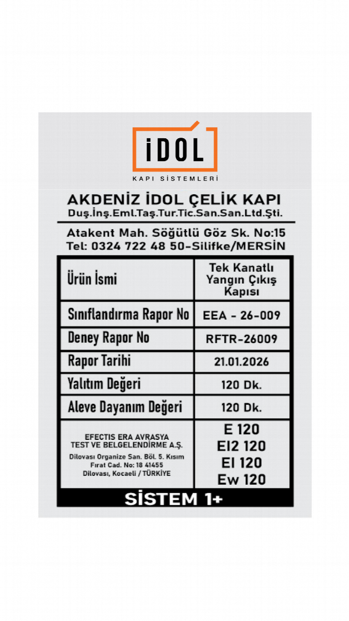 Tek Kanatlı 120 Dakika Yangına Dayanıklı Yangın Kapısı sertifikası